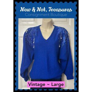 Vintage Rochelle California 80’s Blue Beaded Pearl V-neck Sweater Size Large